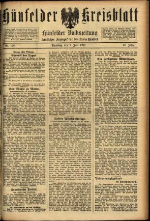 Erste Ausgabe vom Samstag, den 03. Juni 1922.