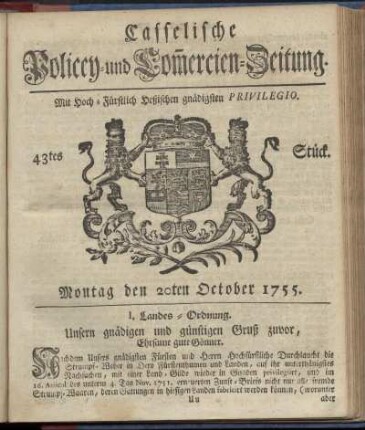 43tes Stueck, Montag den 20ten October 1755