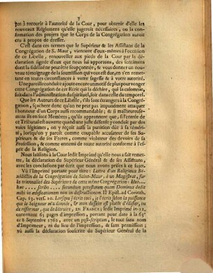 Arrest De La Cour De Parlement, Qui condamne un Imprimé ayant pour titre: Lettre d'un Religieux Bénédictin de la Congrégation de Saint Maur, à un Magistrat, sur la Triennalité des Supérieurs de cette même Congrégation, à être lacéré & brûlé par l'Exécuteur de la Haute-Justice : Extrait Des Registres Du Parlement. Du premier Février 1763.