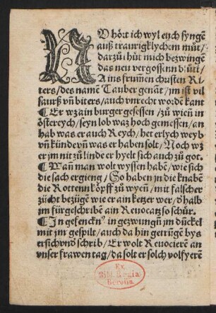 NV hört ich wyl euch synge || auß traurigklychem mut/ ||