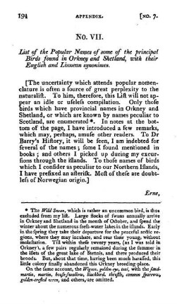 VII. List of popular names of Birds in Orkney,