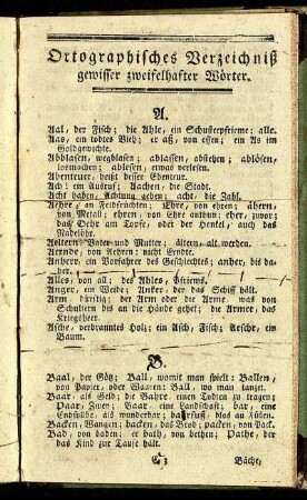 Ortographisches Verzeichniß gewisser zweifelhafter Wörter.