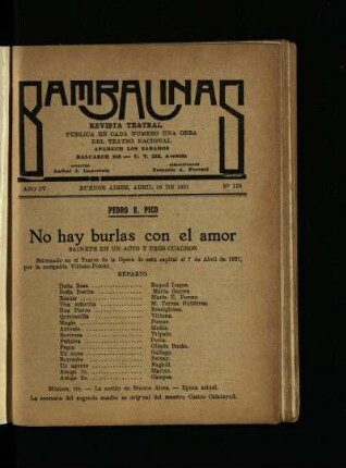 No hay burlas con el amor : sainete en un acto y tres cuadros