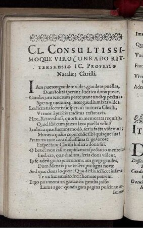 Cl. Consultissimoque Viro Cunrado Rittershusio IC. Profesto Natalit: Christi.
