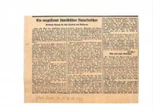 Zeitungsartikel "Ein vergessener schwäbischer Naturforscher"
