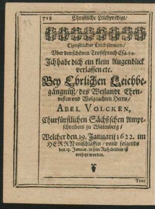 Christlicher Leichsermon ... Herrn Abel Volcken ...