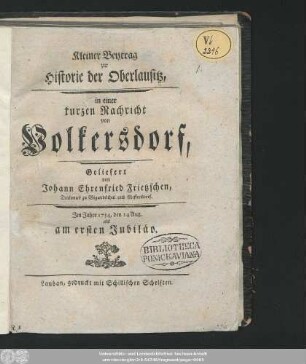 [1]: Kleiner Beytrag zur Historie der Oberlausitz, in einer kurzen Nachricht von Volkersdorf