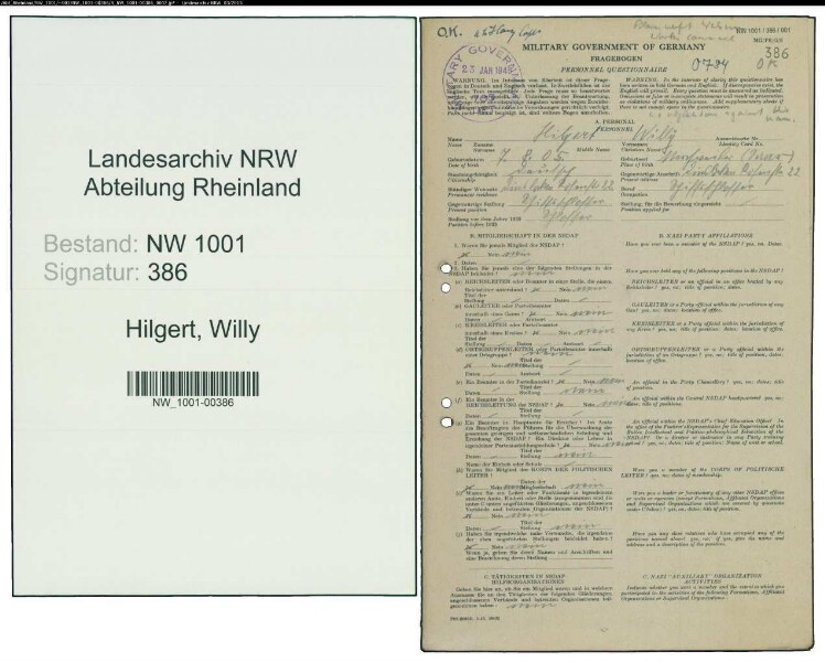 Entnazifizierung Willy Hilgert, geb. 07.08.1905 (Schaffner)