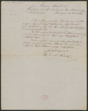 Brief an Franz Schott und Kommittee für das Mittelrheinische Musikfest , Mainzer Liedertafel : 14.07.1860