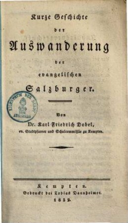 Kurze Geschichte der Auswanderung der evangelischen Salzburger
