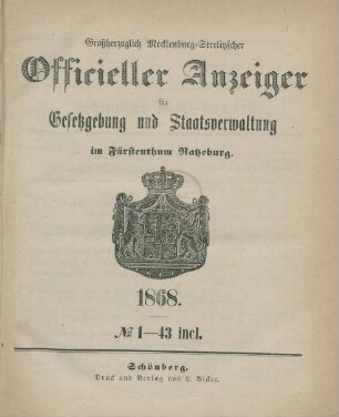 1868: Großherzoglich-Mecklenburg-Strelitzscher offizieller Anzeiger für Gesetzgebung und Staatsverwaltung im Fürstentum Ratzeburg