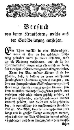 Versuch von denen Krankheiten, welche aus der Selbstbeflekung entstehen