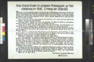Maueranschlag: Der Präsident des Zentralkomitees der gesamten Nationalgarde Graf Montecuccoli wendet sich wegen eines antisemitischen Plakates an die Bewohner der Stadt; Wien, 19. Mai 1848