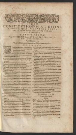 Index Constitutionum Ac Definitionum, Quae In Quatuor Partibus Iurisprudentiae Huius Forensis Habentur.