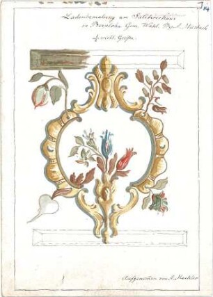 Thiersch, August ; Bauaufnahmen (deutsche Bauernhäuser u.a.) - Ladenbemalung am Haus Saliterer in Bernlohe (Ansicht)