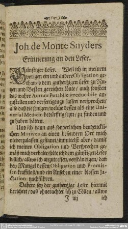 Johann de Monte Snyders Erinnerung an de Leser