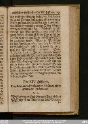 Die XIV. Historie. Von dem merckwürdigen Abschied einer gottseligen Jungfrauen.