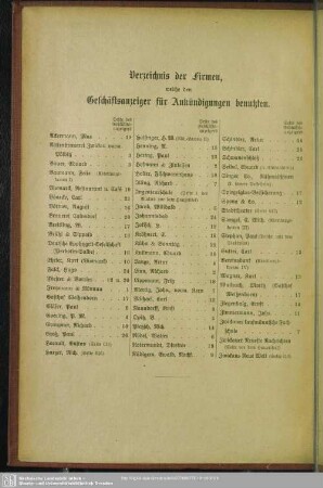 Verzeichnis der Firmen, welche den Geschäftsanzeiger für Ankündigungen benutzten