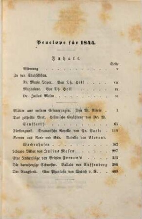 Penelope : Taschenbuch d. Häuslichkeit u. Eintracht gewidmet auf d. Jahr ..., 1844