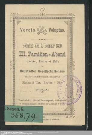 III. Familien-Abend (Concert, Theater & Ball) im Neustädter Gesellschaftshaus : Sonntag, den 2. Februar 1890; [Programm; Tanz-Ordnung]