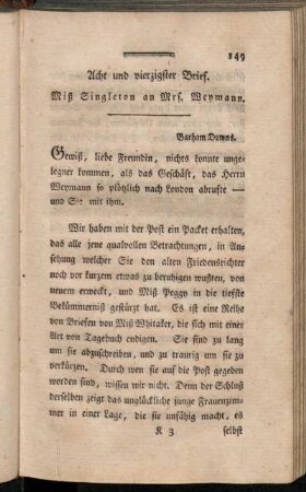 Acht und vierzigster Brief. Miß Singleton an Mrs. Weymann.