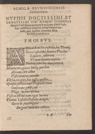 Schola Brunsvicensis Cathariniana. Nuptiis Doctissimi Et Ornatissimi Viri Domini Iohannis Magiri Cassellani ... & castissimae virginis Annae Stamken ... gratulatur.
