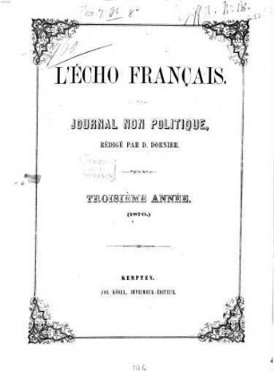 L' écho français : journal non politique, 3. 1870