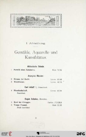 I. Abteilung. Gemälde, Aquarelle und Kunstblätter (Nr. 1-166)