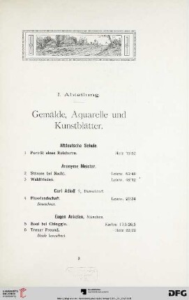 I. Abteilung. Gemälde, Aquarelle und Kunstblätter (Nr. 1-166)
