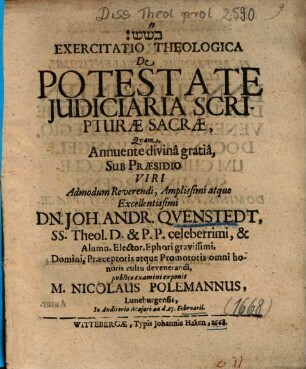 Exercitatio Theologica De Postestate Judiciaria Scripturae Sacrae