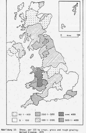 Sheep, per 100 ha crops, grass and rough grazing: United Kingdom, 1970
