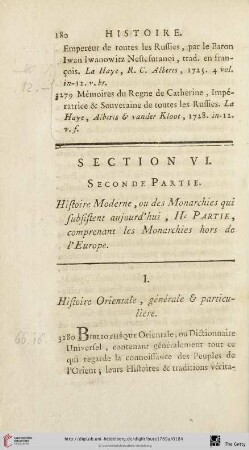 Section VI: Second partie. Histoire moderne, ou des Monarchies qui subsistent aujourd'hui, IIe Partie, comprenant les monarchies hors de L'Europe