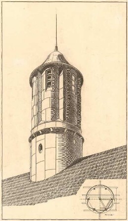 Billing, Hermann; Karlsruhe, Nördl. Hildapromenade 3/ Maximiliansstraße; Villa von Schwedler (Villa Billing) - Turm (Grundriss; Ansicht)