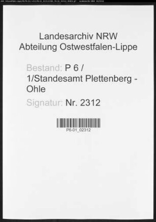 Sterberegister Standesamt Plettenberg-Ohle