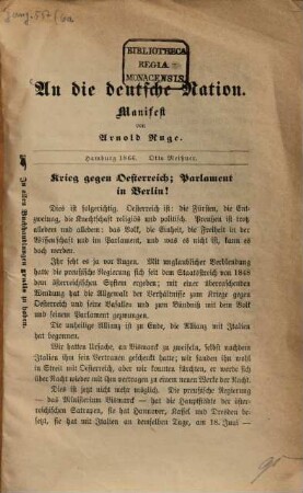 An die deutsche Nation : Manifest von Arnold Ruge