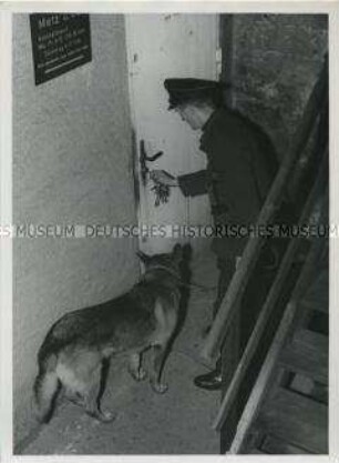 Nachtwächter mit Schäferhund bei Streifengang