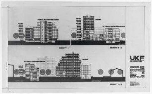 Gewerbe- und Hotelerweiterung Uhlandstraße/Kantstraße/Fasanenstraße (nicht realisiert) – Schnitte. Berlin-Charlottenburg/Wilmerdorf, Uhlandstraße 190-194, Kantstraße 15, Fasanenstraße 6