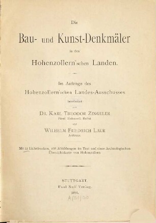 Die Bau- und Kunst-Denkmäler in den Hohenzollern'schen Landen : Oberämter Gammertingen, Haigerloch, Hechingen, Sigmaringen