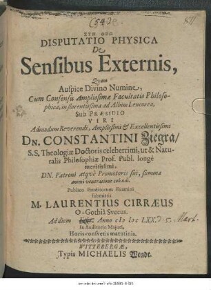 Disputatio Physica De Sensibus Externis