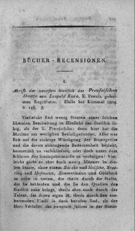 Abriß der neuesten Statistik des preußischen Staats / von Leopold Krug Königl. Preuß. geheimen Registrator. - Halle : Kümmel, 1804