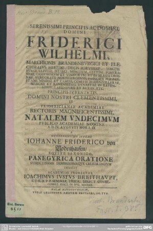 Friderici Wilhelmi, Marchionis Brandenburgici et electoratus haeredis .. natalem undecimum ... a. d. IV. Augusti ... celebrandum indicit