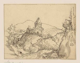 Burg in einer hügeligen Landschaft