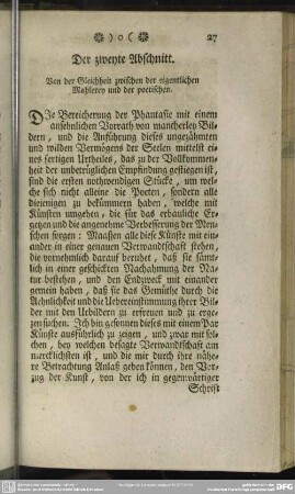 Der zweyte Abschnitt. Von der Gleichheit zwischen der eigentlichen Mahlerey und der poetischen