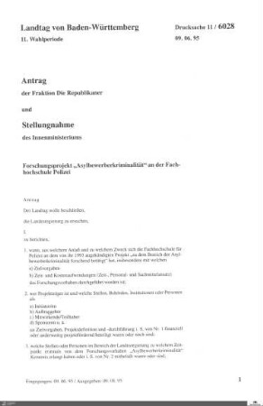 Antrag der Republikaner: Forschungsprojekt "Asylbewerberkriminalität"