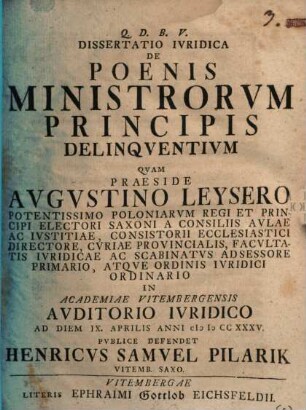 Dissertatio Ivridica De Poenis Ministrorvm Principis Delinqventivm