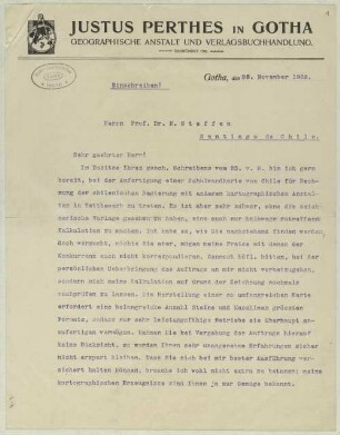 Brief der Geographischen Anstalt und Verlagsbuchhandlung Justus Perthes an Hans Steffen
