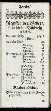 Register der Gebete/ so in diesem Büchlein zu finden.