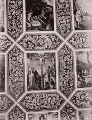 Döbeln, Gottesackerkirche, 9-Felderdecke mit biblischen Szenen, Ausschnitt: Kreuzigung