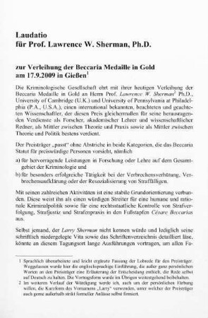 255-264, Laudatio für Professor Dr. Lawrence Sherman
