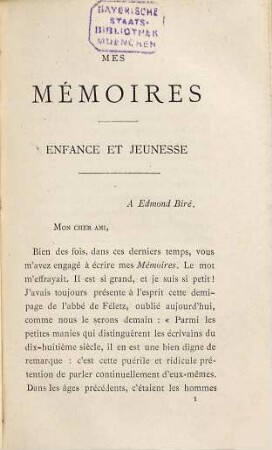 Mes mémoires : enfance et jeunesse, [1]